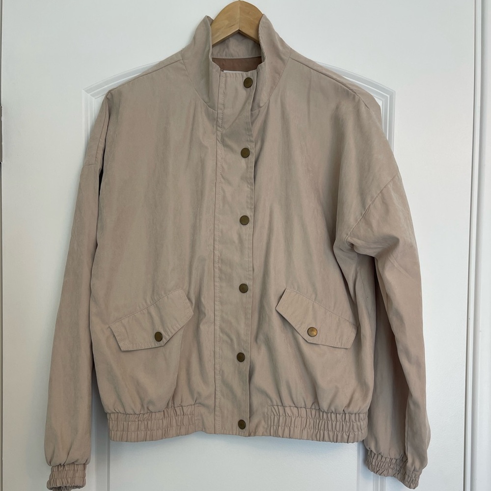 Anthropologie Mine Los Angeles Tan Beige Zip & Snap Button Bomber Jacket Large